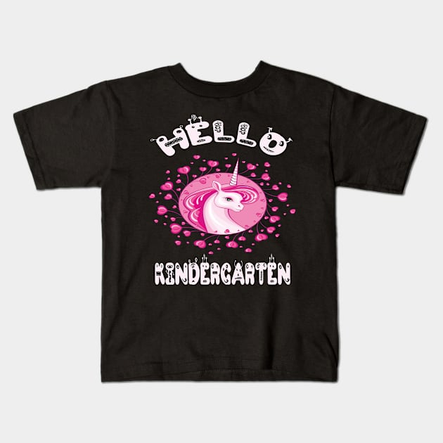 Hello Kindergarten Colorful Unicorn Back-To-School Preschool Design Kids T-Shirt by familycuteycom